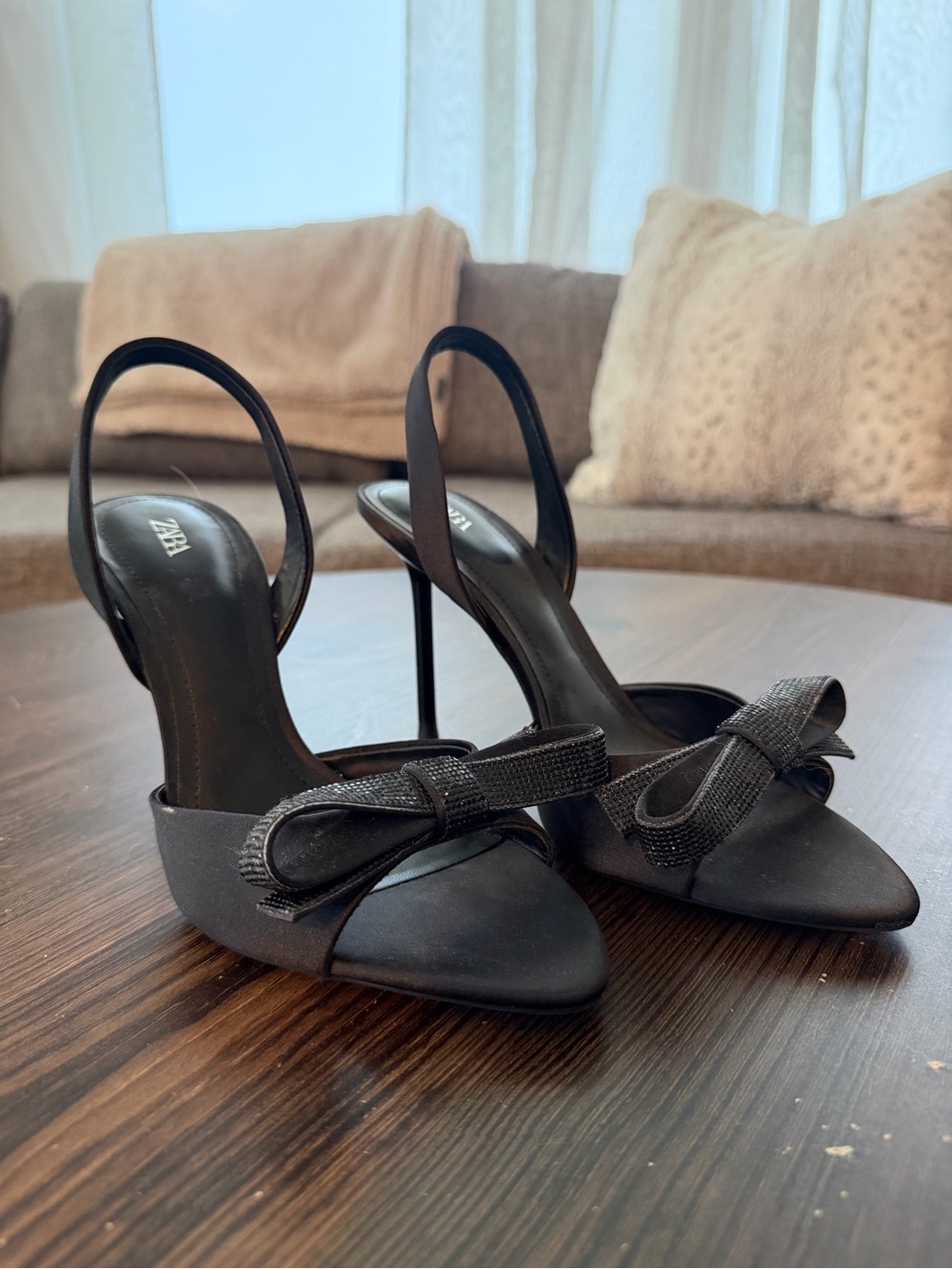 Zara Black Bow Slingback Stiletto Heels with Pointed Toe